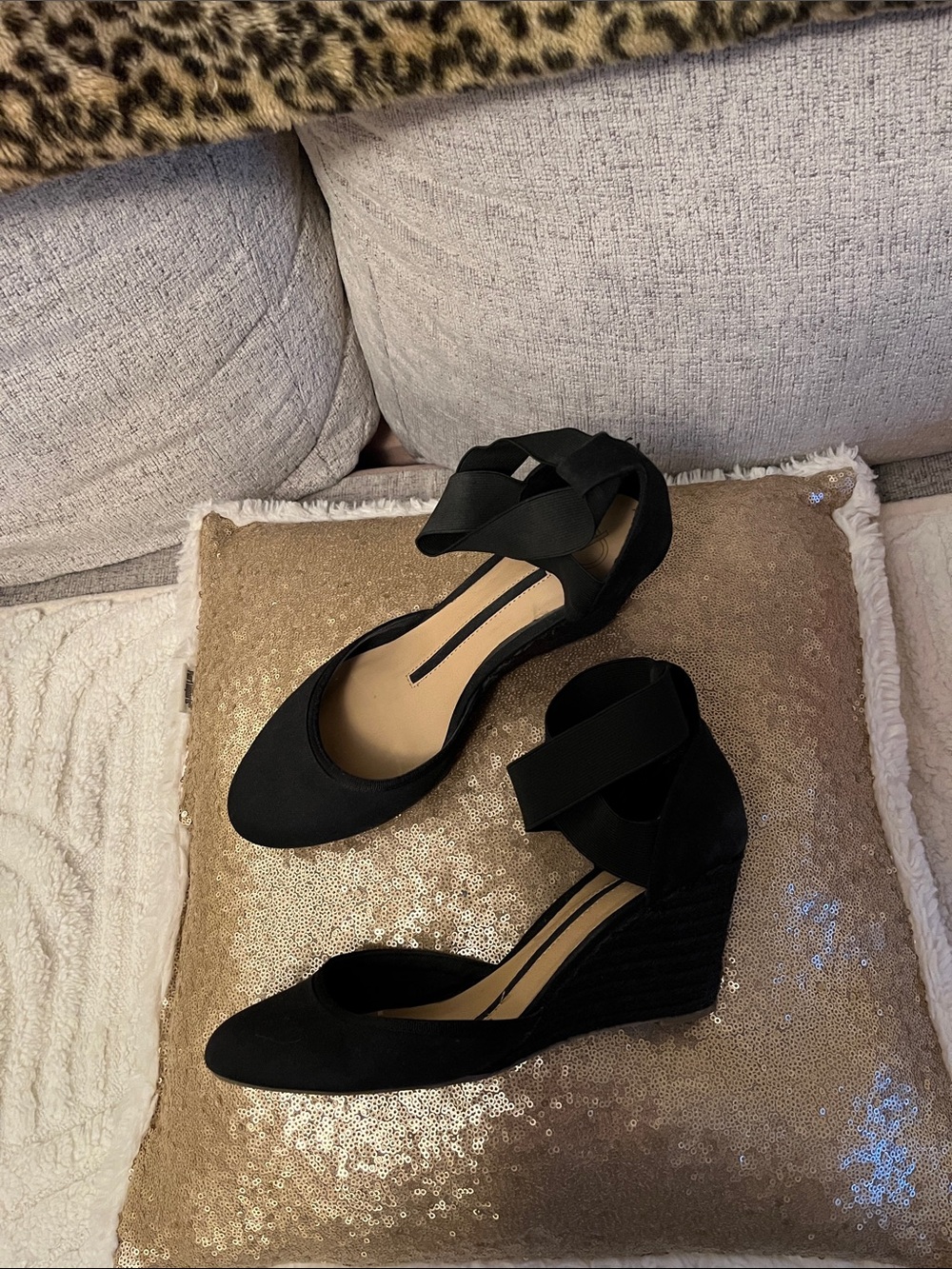 new directions Black Wedge Ankle-Strap Pumps